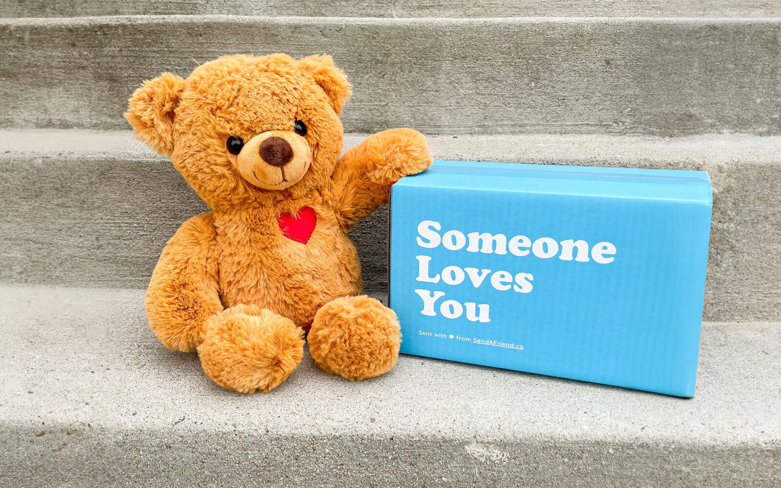 teddy bear next to "someone loves you" box