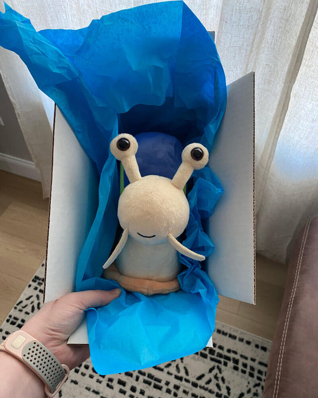 Photo of hand holding Shelly the Snail plushie wrapped in blue tissue paper coming out of a box