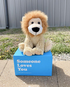 Photo of tan Leroy the Lion plushie sitting on blue Someone Loves You box outdoors