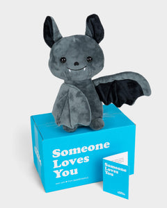 Photo of black Binks the Bat  on top of Someone Loves You box with one wing open and the other folded over body, notecard also pictured