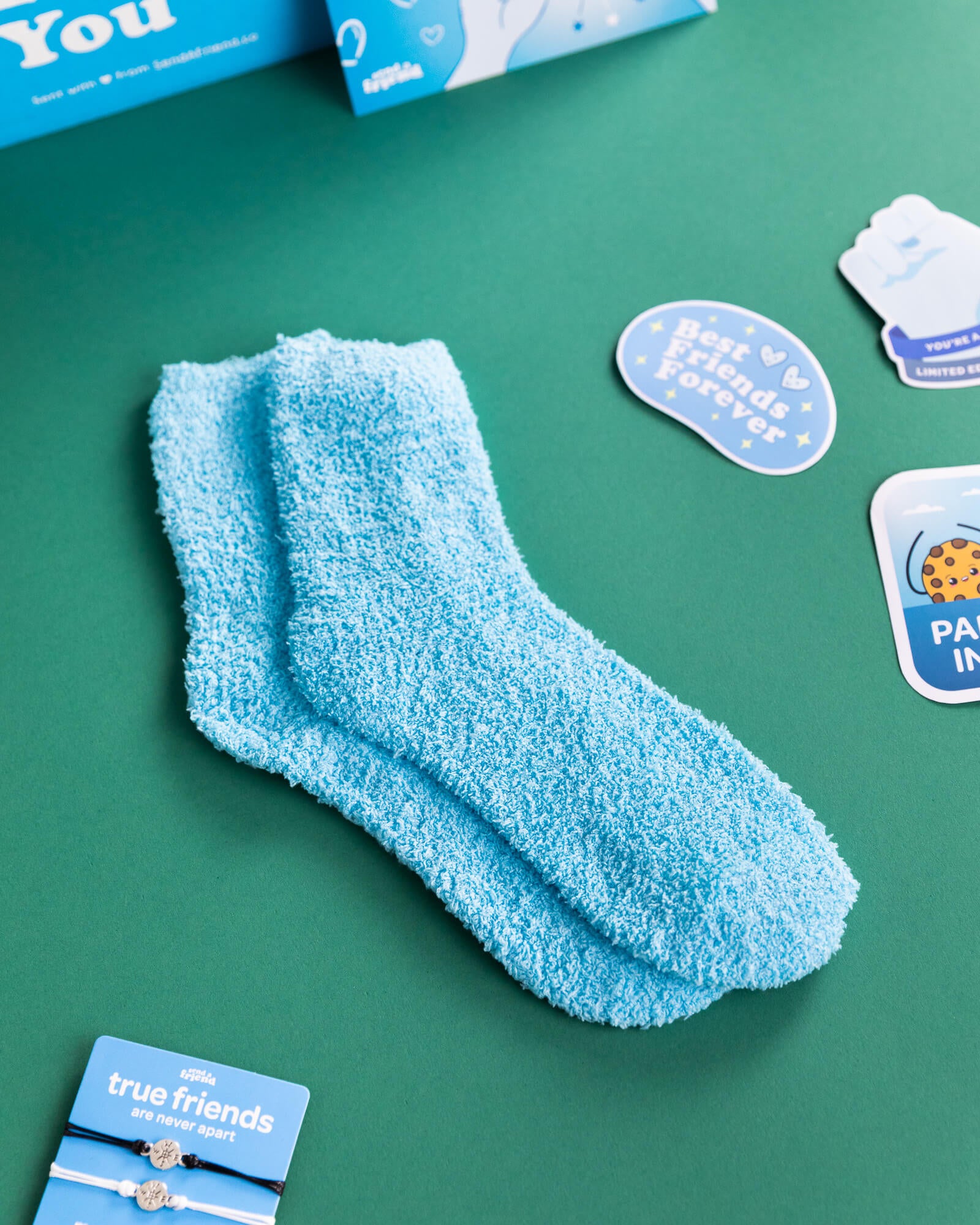 Photo of blue fuzzy socks included in Friends Forever Bundle
