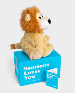 Side view photo of Leroy the Lion plushie, blue Someone Loves You box, and note card