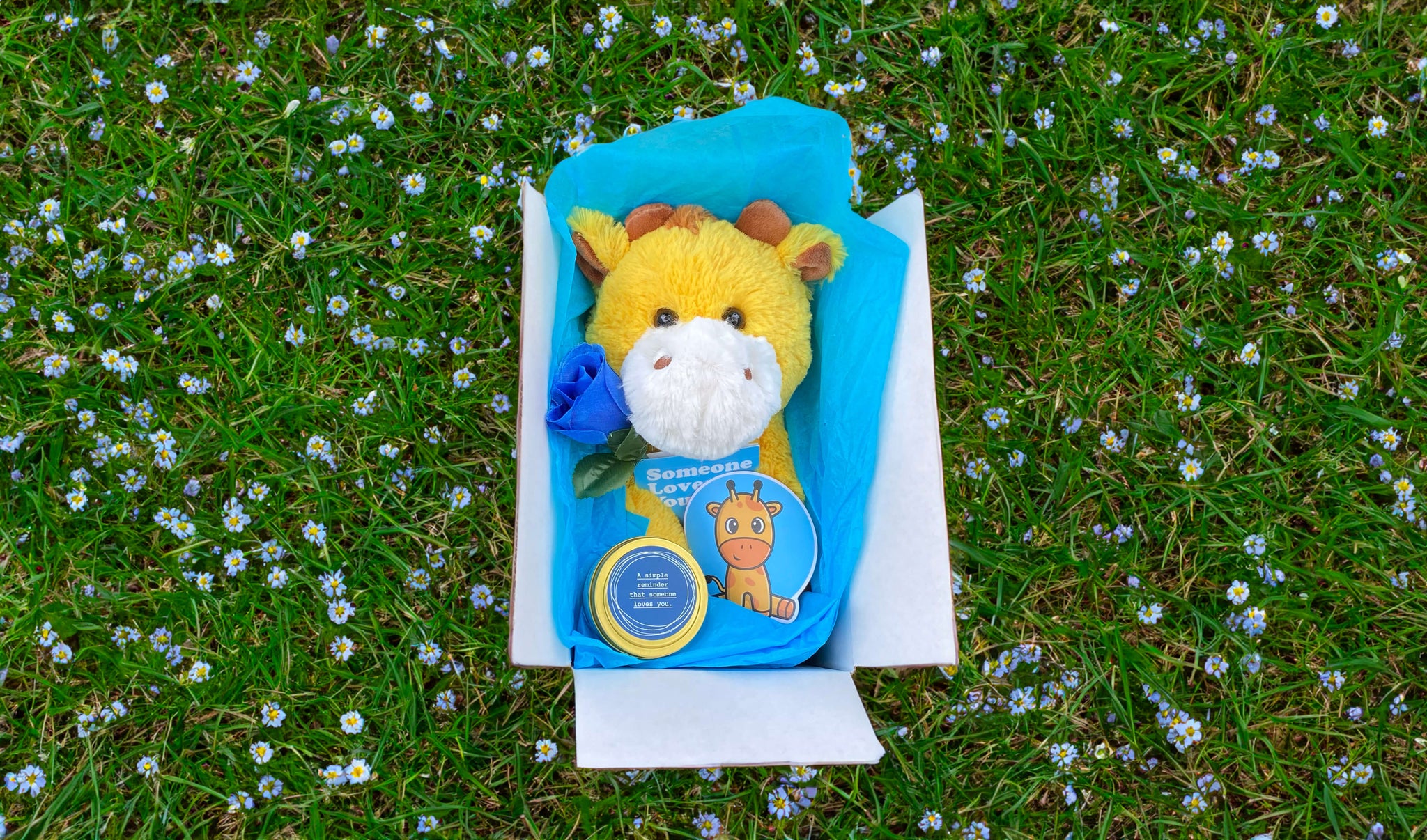 An image of George the Giraffe packaged sitting in the grass and white clover. Inside the package with George the Giraffe is the Amber Sky Candle, an artificial blue rose, and a George the Giraffe sticker