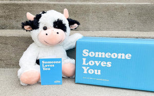 cooper the cow stuffed animals with notecard and box