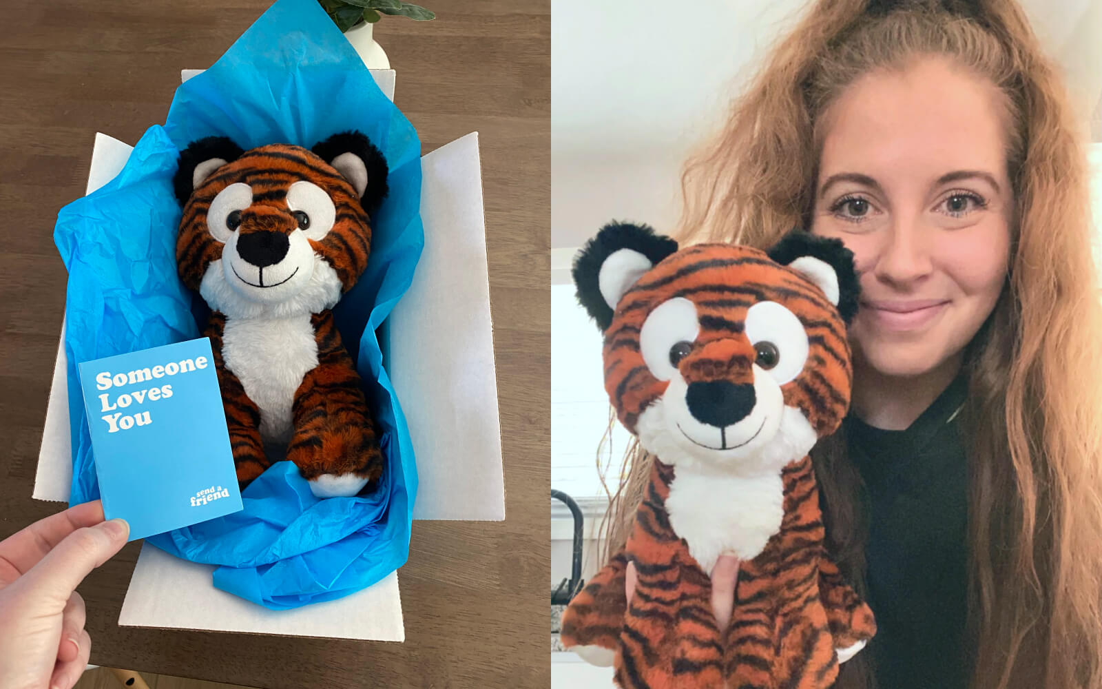 woman receiving stuffed tiger care package