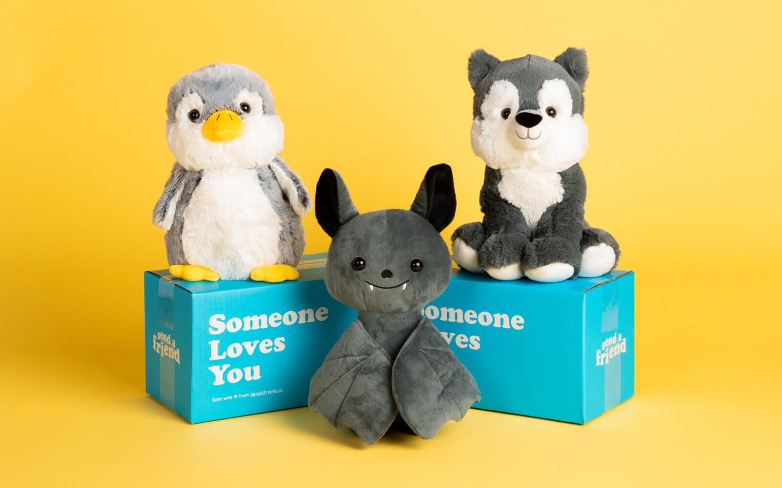 penguin, bat, and wolf stuffed animal care packages