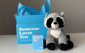Rosie the Raccoon stuffed animal with "someone loves you" box and notecard