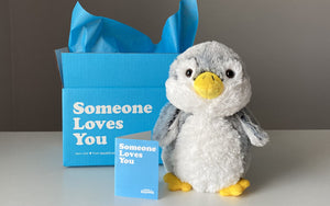 penguin stuffed animal with notecard and blue "someone loves you" box