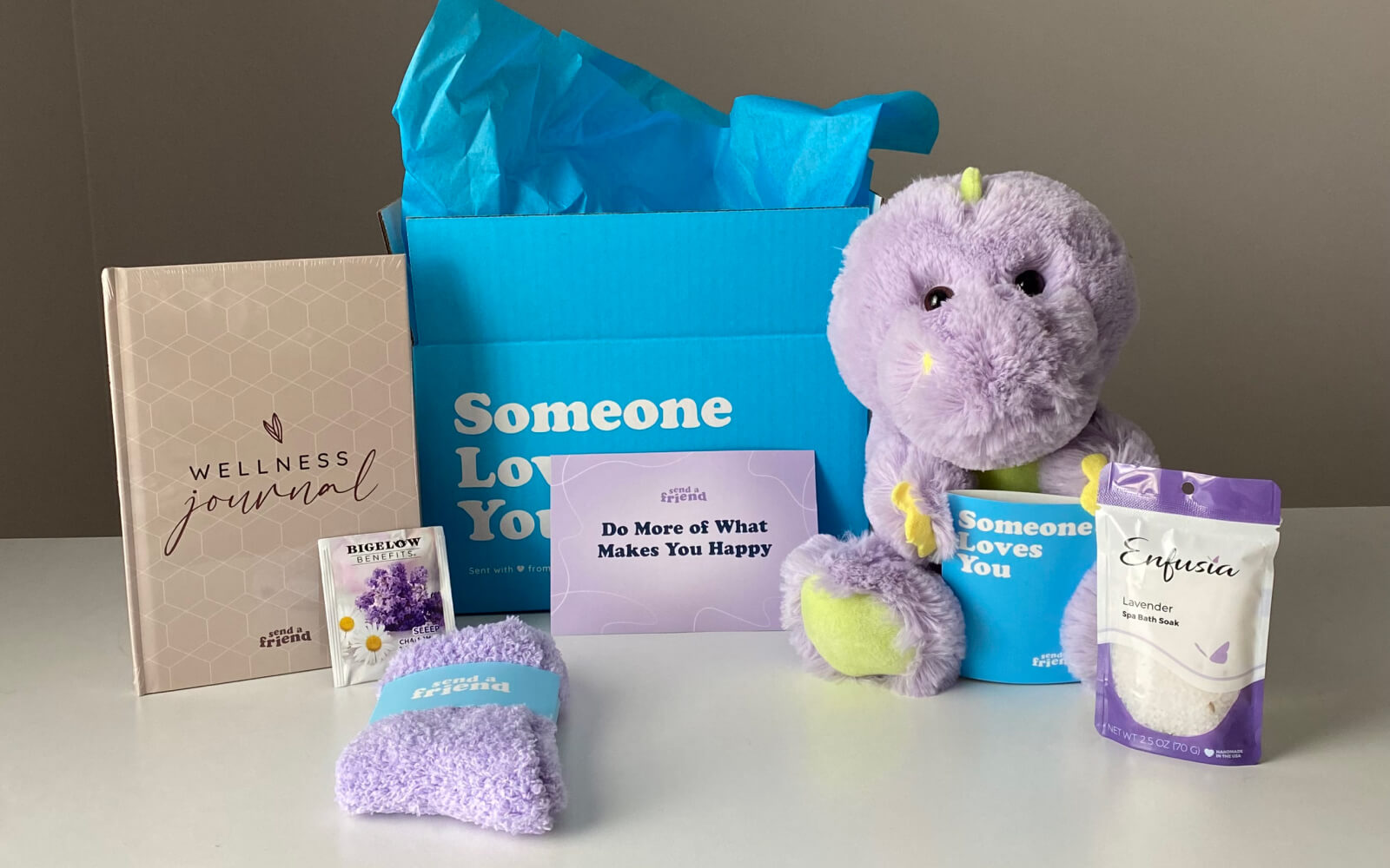a purple stuffed dinosaur surround by self care items