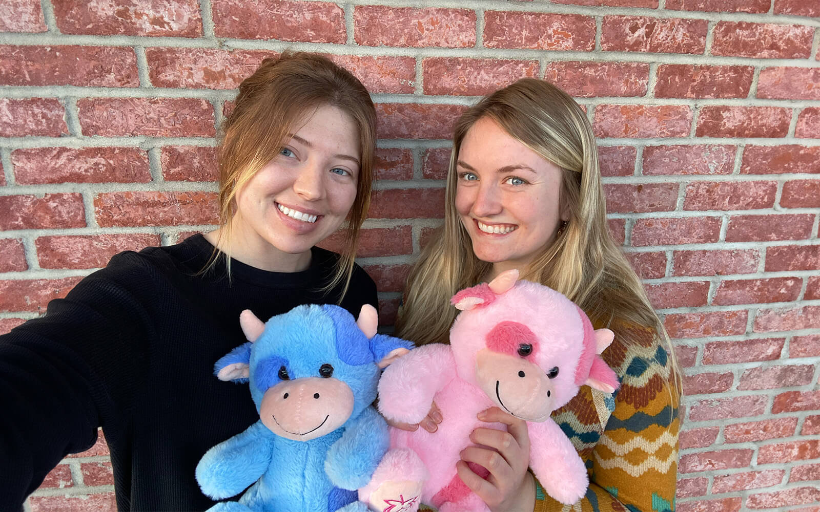 Pictured are two young ladies holding Beau the Blueberry Cow and Sally the Strawberry Cow