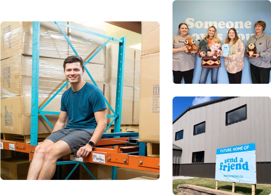 Collage of SendAFriend employees, owner, and warehouse