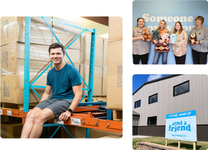 Collage of SendAFriend employees, owner, and warehouse