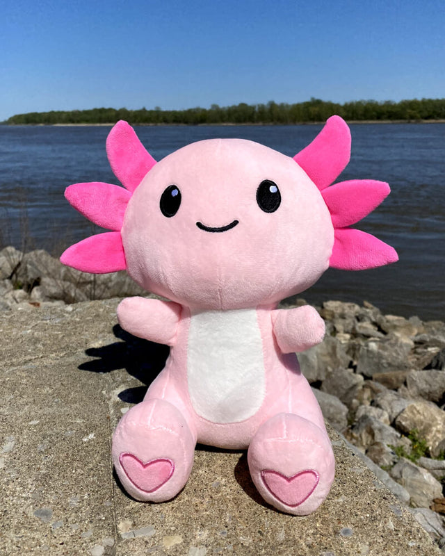 Photo of pink axolotl plushie sitting outdoors on concrete near body of water