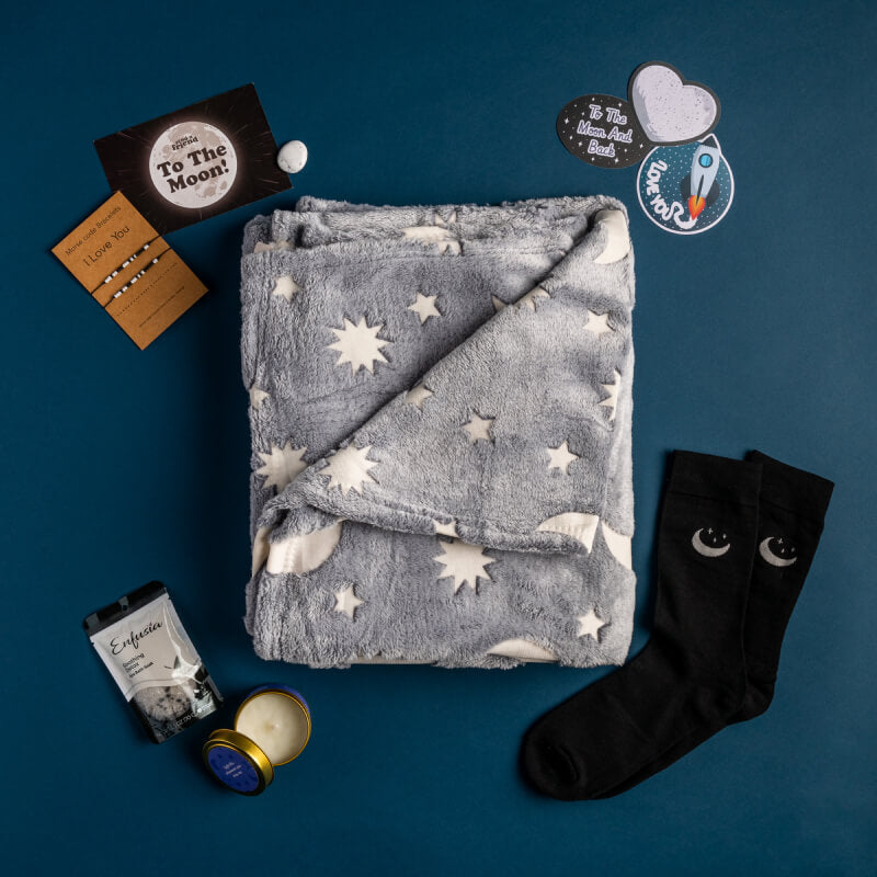 Photo of Deluxe Moon & Back Bundle: blanket, socks, bracelets, 3 stickers, bath soak, candle, howlite worry stone, promo card