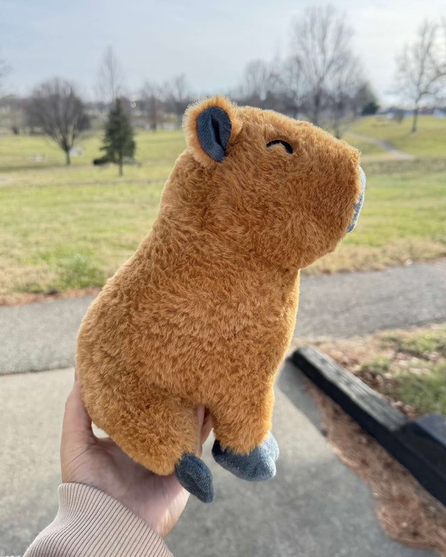 Photo of hand holding tan capybara plushie