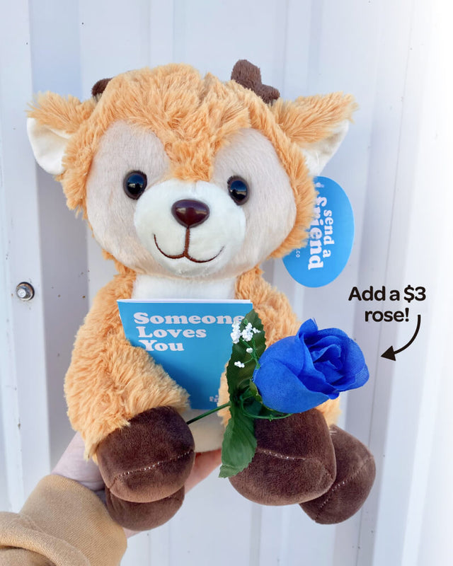 Photo of hand holding brown Daphne the Deer plushie, note card, and blue rose which is available for an additional $3