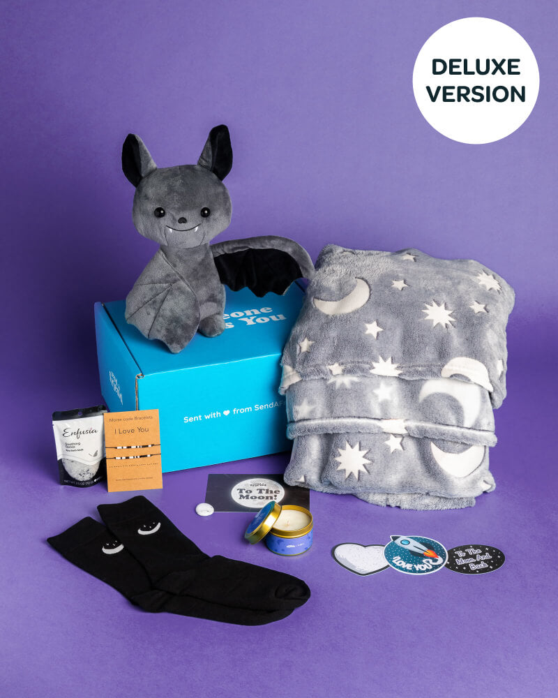 Photo of Binks the Bat plushie, Someone Loves You box, and Deluxe To The Moon & Back Bundle