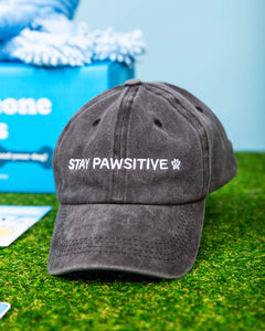 Photo of washed black "Stay Pawsitive" hat for humans