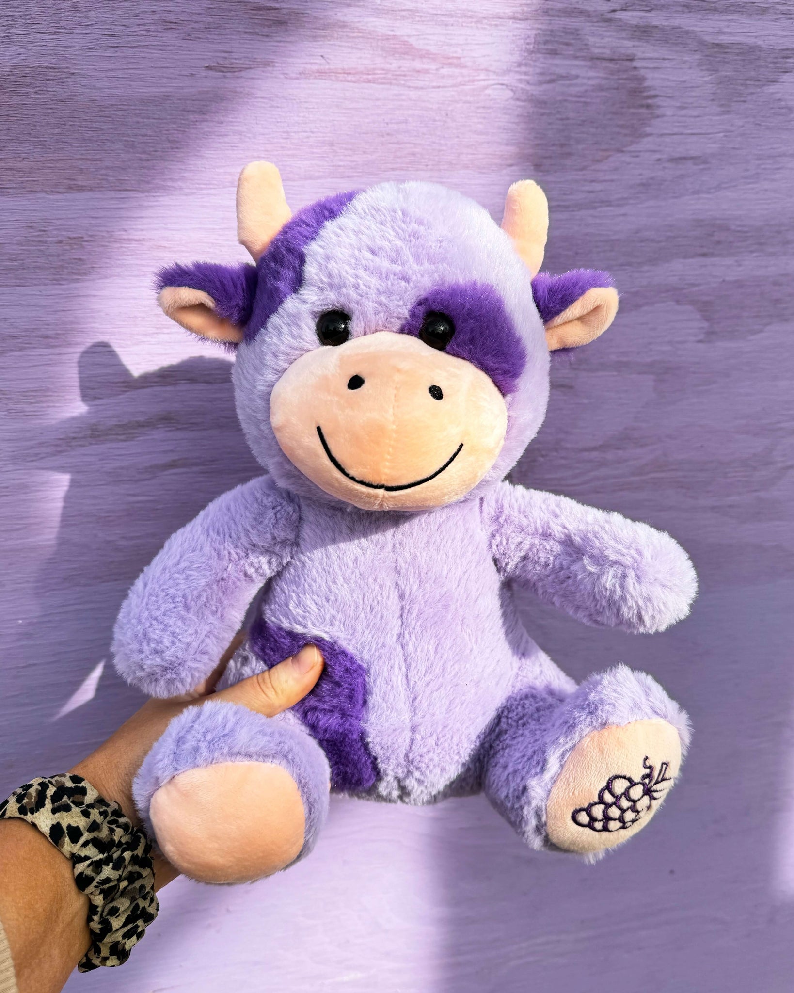 Photo of hand holding purple cow plushie