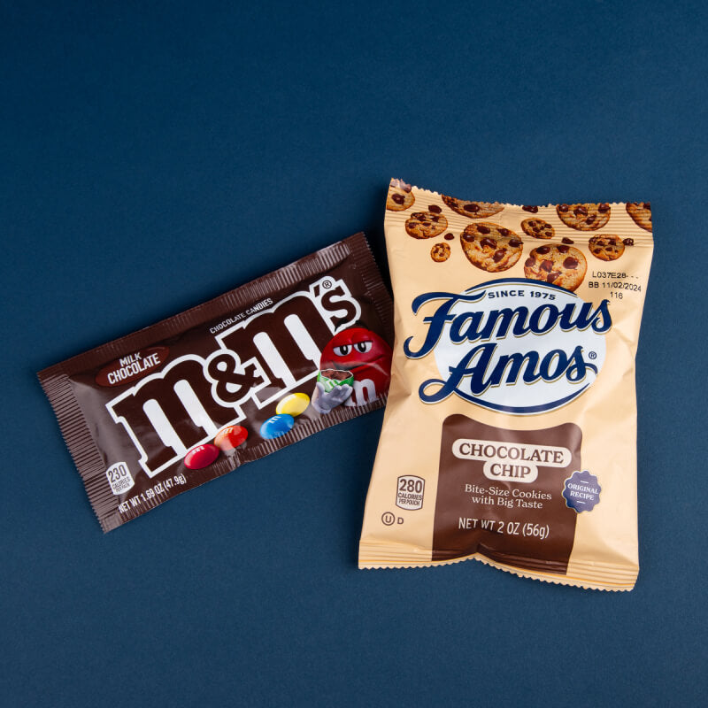 Photo of Chocolate Pack: Full-size bag of M&Ms and one pack of Famous Amos cookies.