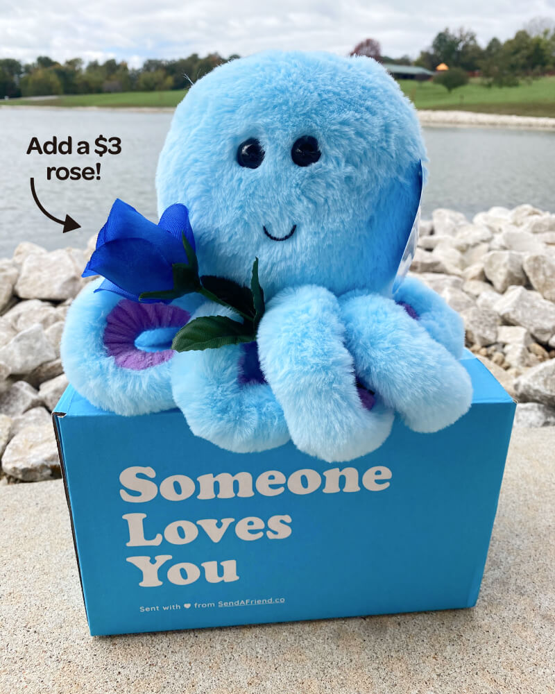 Blue Ollie the Octopus plushie sitting on Someone Loves You box outdoors holding blue rose which can be purchased for additional $3