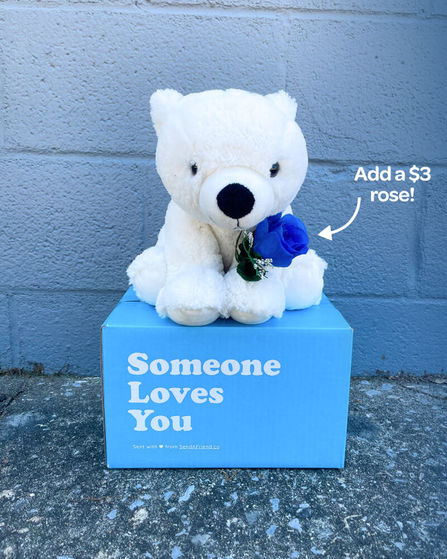Photo of Peaches the Polar bear plushie holding blue rose while sitting on Someone Loves You box. Blue rose available for additional $3