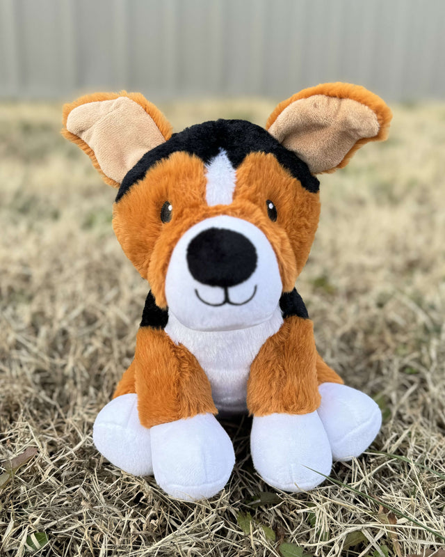 Photo of tri-colored dog plushie sitting outside on the grass