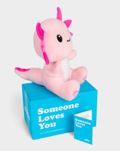 Side view photo of pink Alex the Axolotl plushie, Someone Loves You box, and notecard