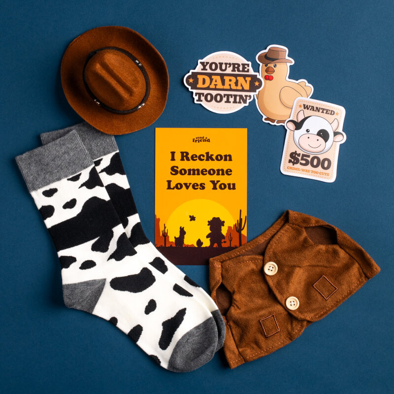Photo of Cowboy Bundle: cowboy hat and vest for a fluffy friend, three barnyard stickers, adult-sized cow print socks, and promo card
