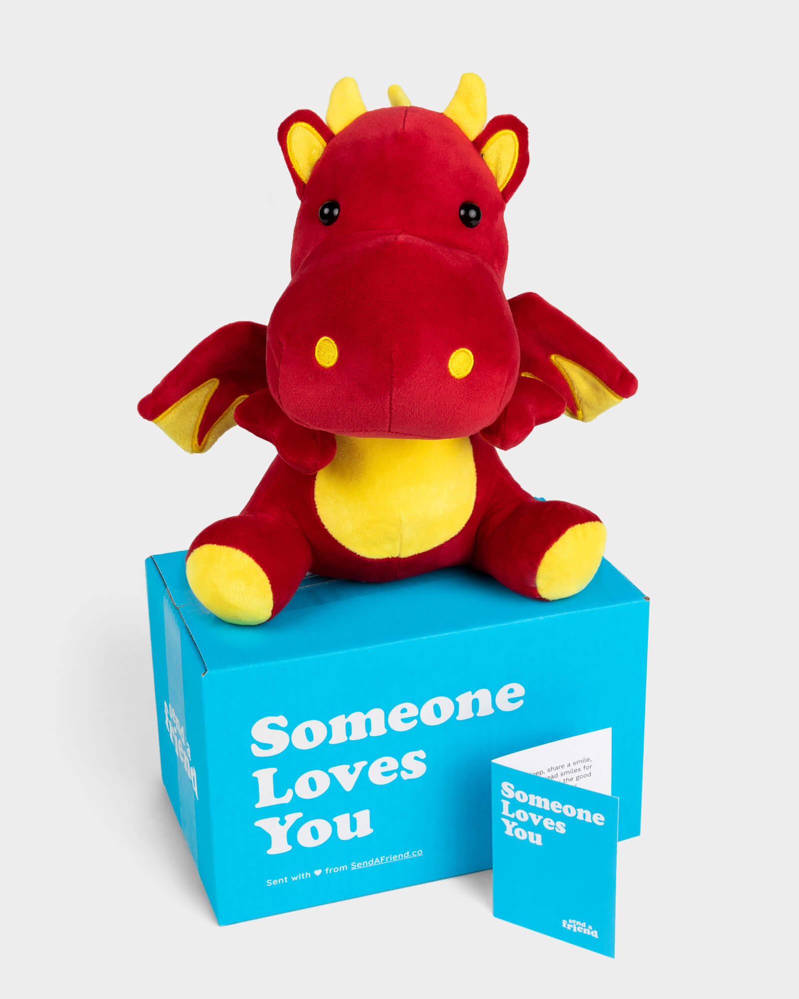 Photo of red and yellow Duke the Dragon plushie with Someone Loves You box and notecard