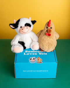 Photo of Cooper the Cow and Rowdy the Rooster plushies sitting on Someone Loves You box with matching stickers