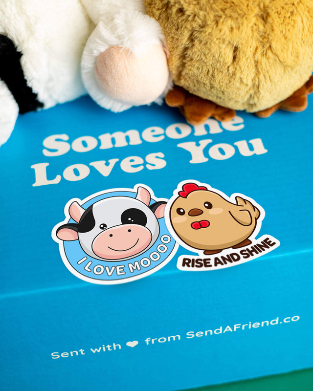 Photo of Cooper the Cow and Rowdy the Rooster stickers on Someone Loves You box