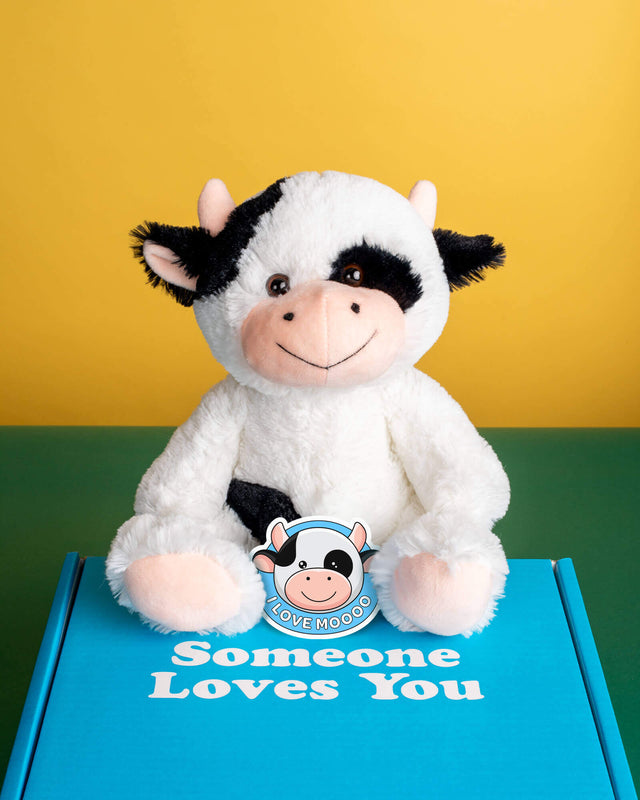Photo of Cooper the Cow plushie with matching sticker on Someone Loves You box.