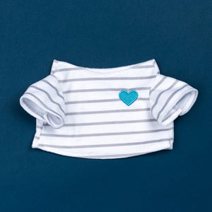 Photo of white t-shirt with grey stripes and small blue heart for animals
