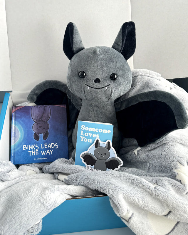 Photo of Binks the Bat plushie with his storybook, sticker, blue notecard, and moon and stars gray blanket sitting inside a blue box