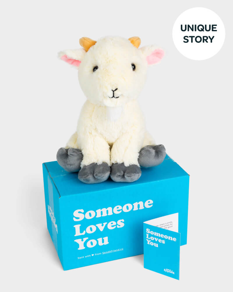 Photo of white Gus the Goat plushie with Someone Loves You box and notecard