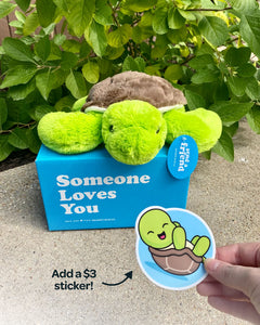Photo of Tucker the Turtle plushie sitting outdoors on Someone Loves You box, hand holding matching sticker. Add sticker for additional $3