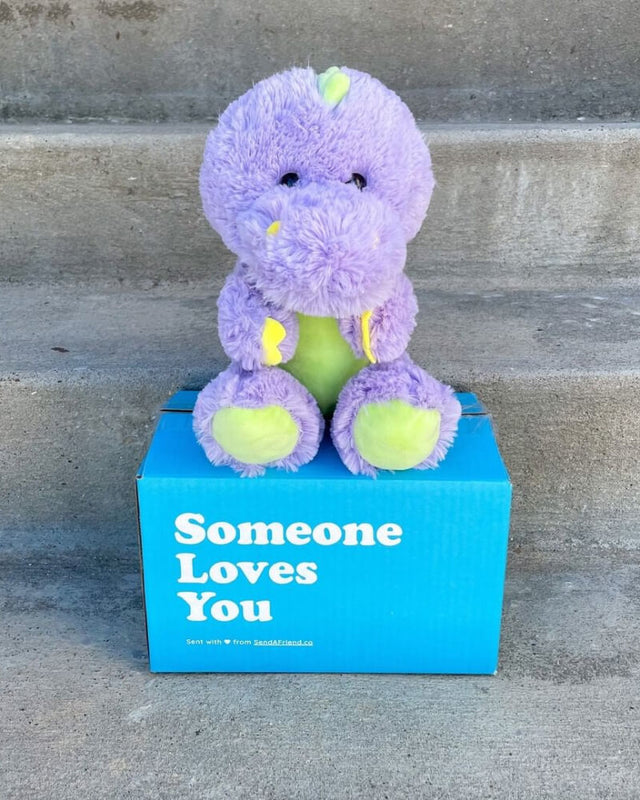 Front view photo of purple and green Dexter the Dinosaur sitting on Someone Loves You box on concrete stairs