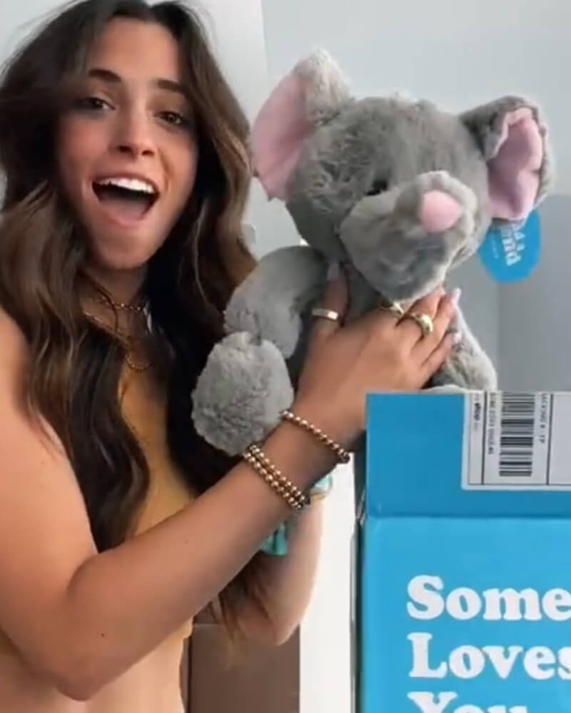 Photo of person looking surprised holding grey Eli the Elephant plushie next to open Someone Loves You box