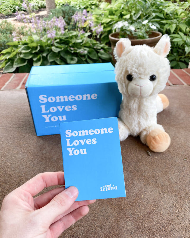 Photo of hand holding note card with Someone Loves You box and white Lawrence the Llama plushie sitting in the background on a porch