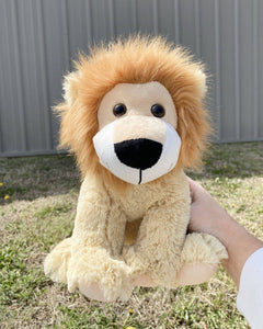 Photo of hand holding tan Leroy the Lion plushie outdoors