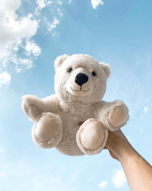 Photo of hand holding white Peaches the Polar Bear plushie up with the sky in the background