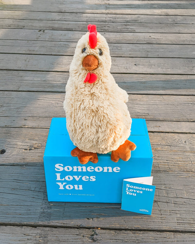 Photo of tan Rowdy the Rooster plushie sitting on Someone Loves You box with note card below 