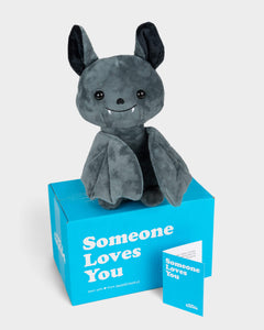 Photo of black Binks the Bat plushie with Someone Loves You box and notecard