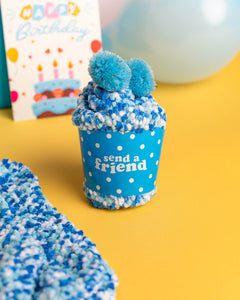 Photo of Birthday Bundle's fuzzy blue socks wrapped up like a cupcake 