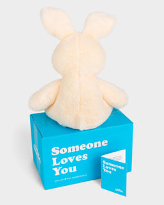 Photo of back of white Benny the Bunny plushie sitting on Someone Loves You box. Note card also pictured. 
