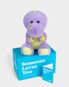Photo of purple and green Dexter the Dinosaur plushie with with Someone Loves You box and notecard