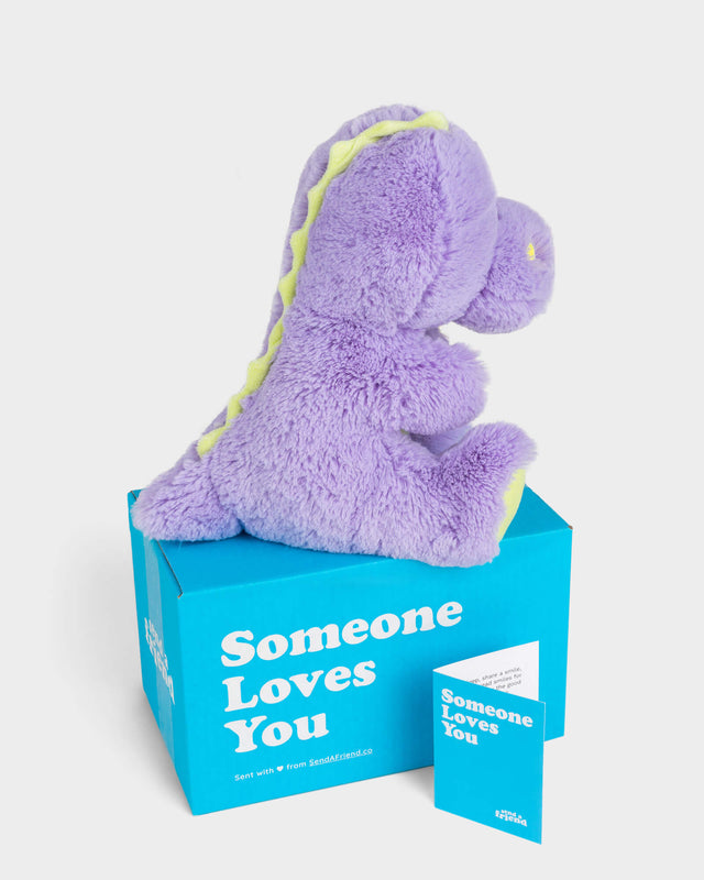 Side view photo of purple and green Dexter the Dinosaur, Someone Loves You box, and note card 