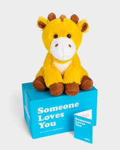 Photo of yellow George the Giraffe plushie with Someone Loves You box and notecard