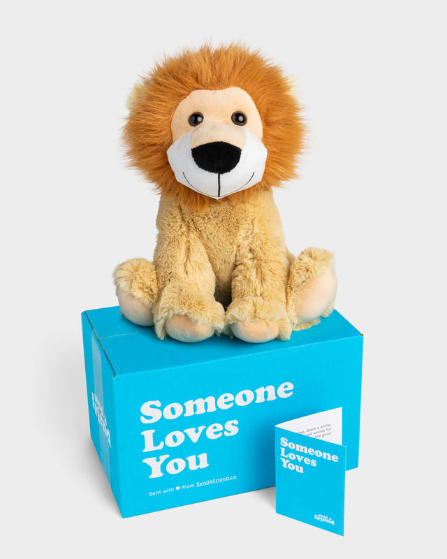 Photo of tan Leroy the Lion plushie with Someone Loves You box and notecard